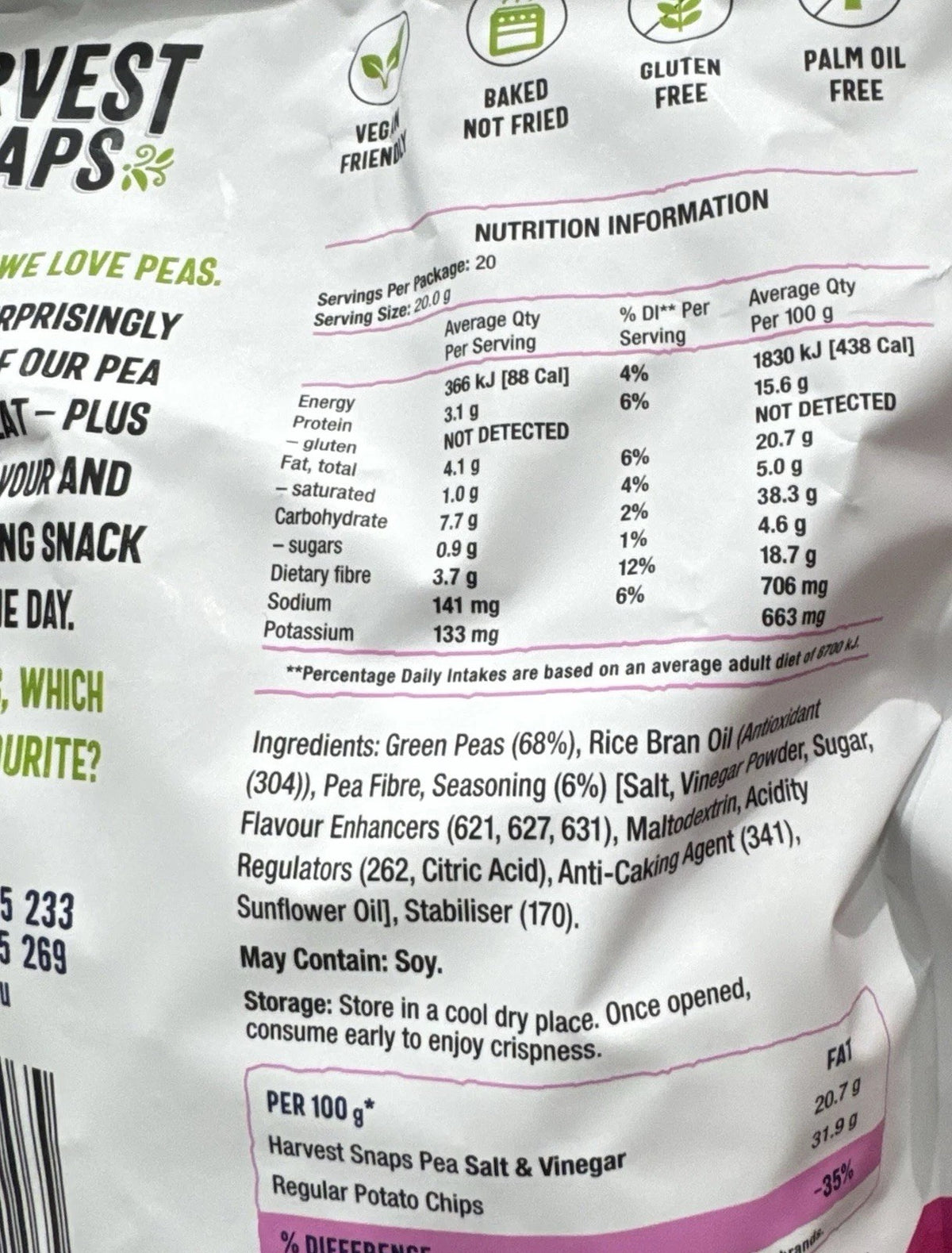 Calbee Harvest Snaps Salt & Vinegar Baked Pea Crisps Snack Chips 400g Big Pack
