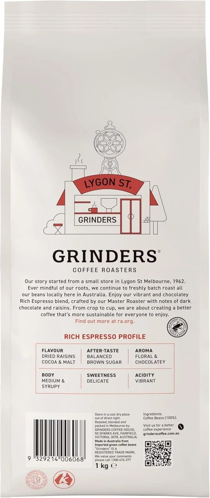 Grinders Rich Espresso Coffee Whole Beans, 1kg, Medium Dark Roast & Chocolatey