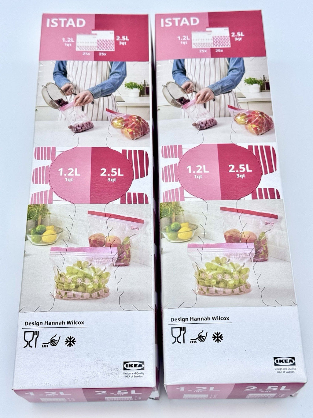 2 x IKEA ISTAD Freezer Bags Red Pink 100pk, Resealable Food,(50x1.2L & 50x2.5L)