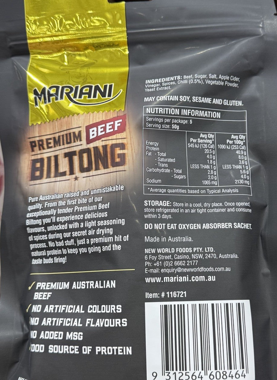 Mariani Beef Biltong Chilli 250g x2 High Protein Keto Australian Made Snack