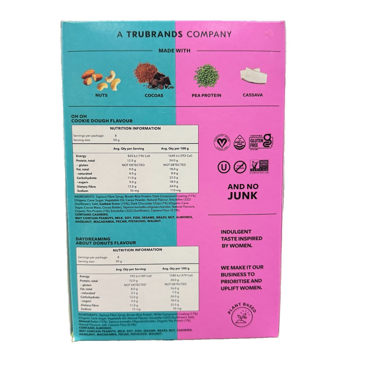 TRUBAR Plant Based Protein Bar Cookie Dough & Donuts Variety Pack 16 Bars 800g