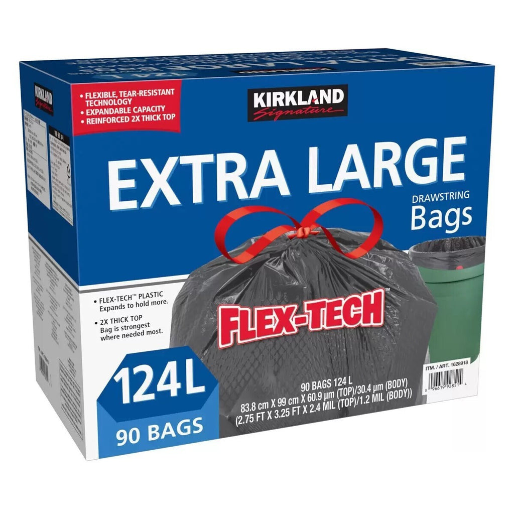Kirkland Signature Extra Large Drawstring Trash Bags Flex-Tech, Black, 124L, 90