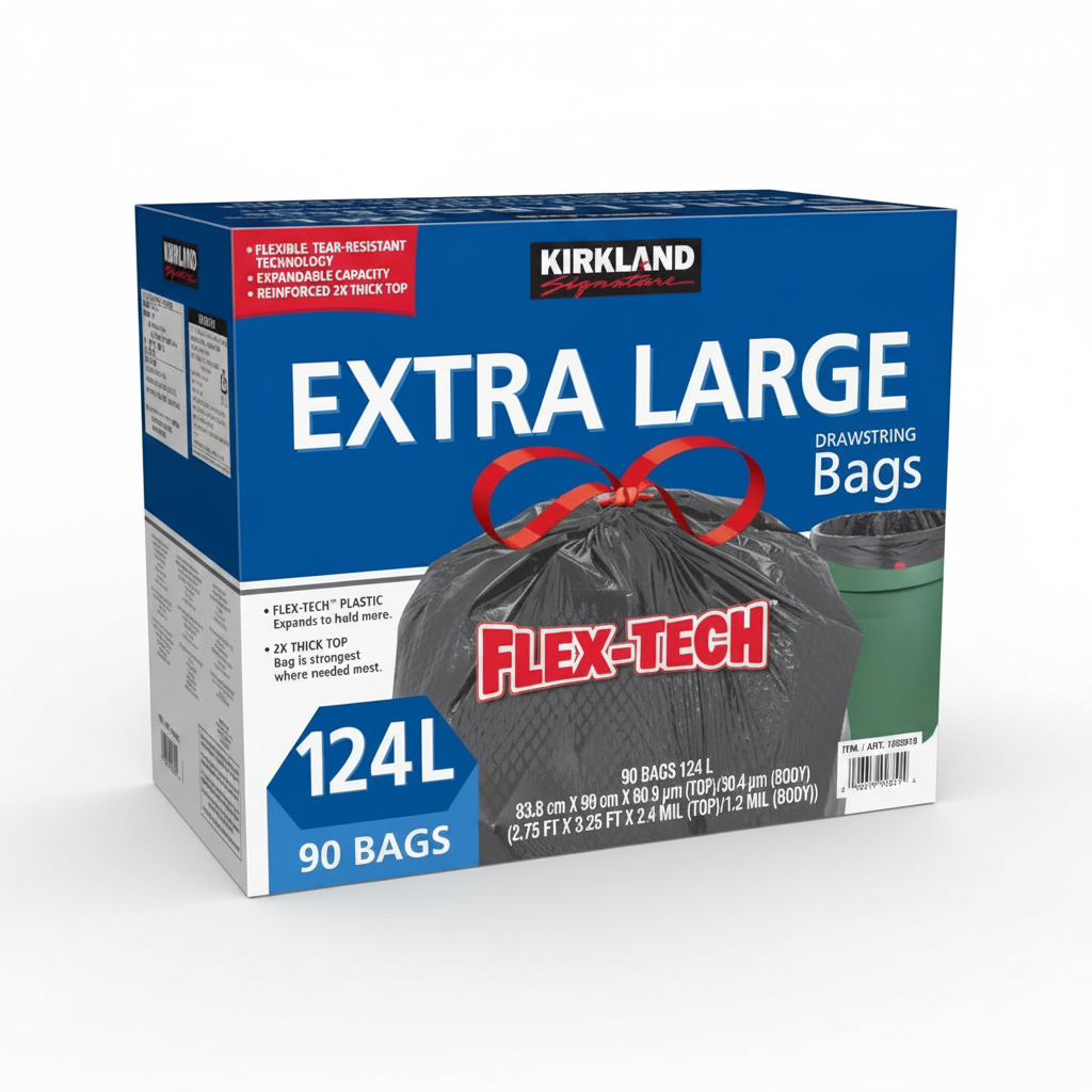 Kirkland Signature Extra Large Drawstring Trash Bags Flex-Tech, Black, 124L, 90
