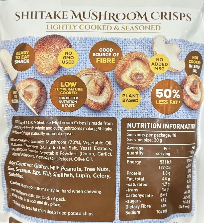 3 Pack x DJ&A Shiitake Mushroom Crisps 300g Lightly Cooked & Seasoned Value Pack