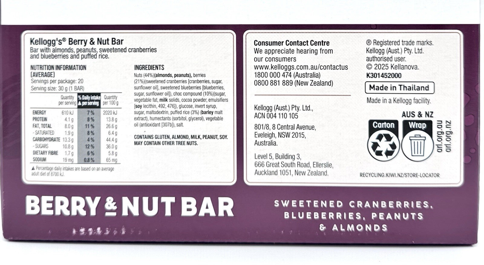 Kellogg's Berry & Nut Bar Over 40% Nuts ( 30g x 20 Pack)
