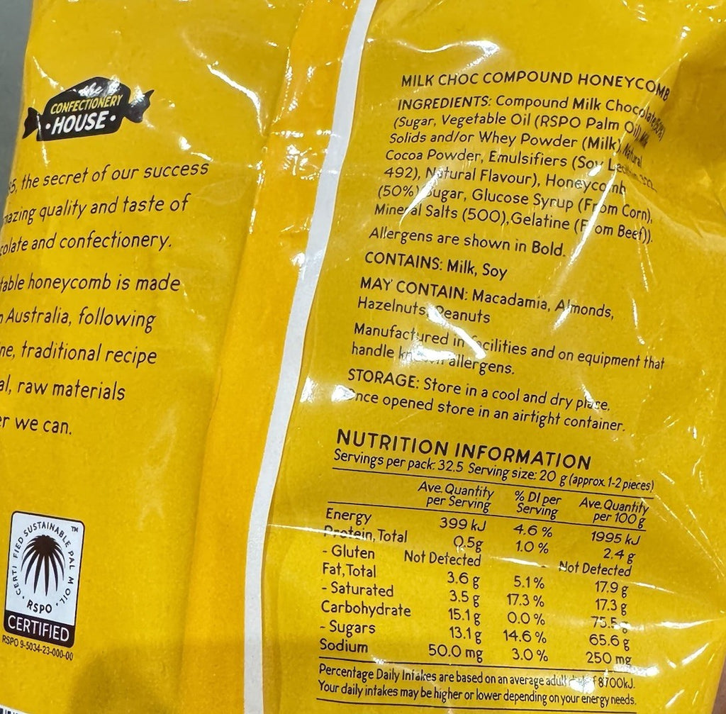 The Confectionery House Milk Chocolate Honeycomb 650g Crunchy Gluten Free