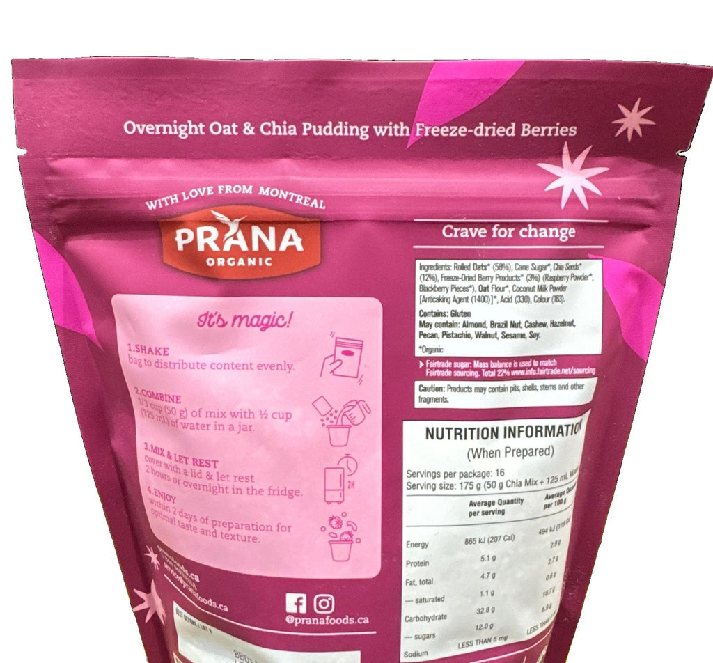 Prana Organic Overnight Chia & Oats Berry Fairy 800g Healthy Breakfast Vegan