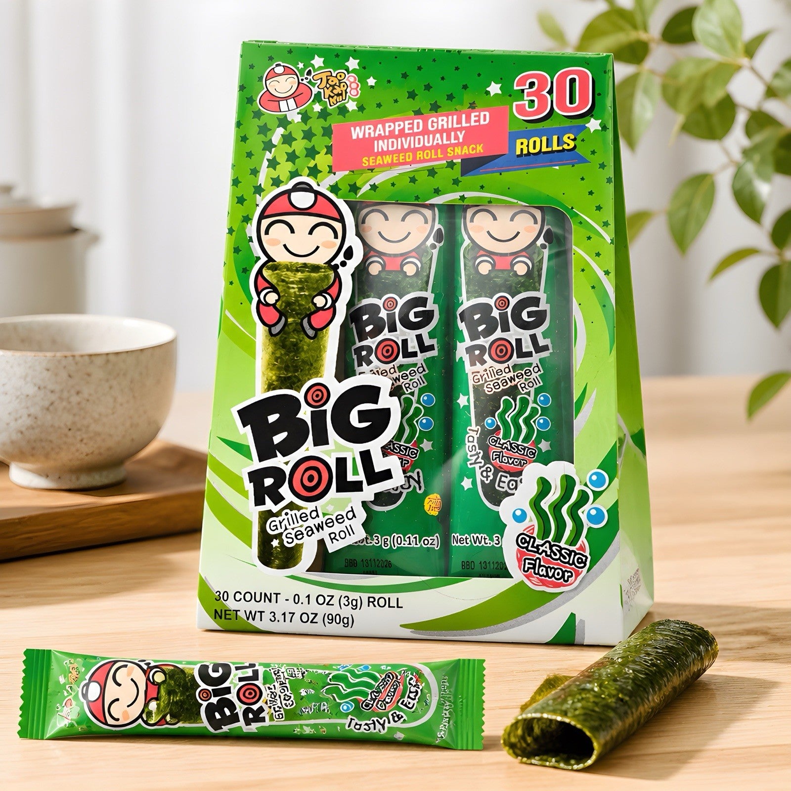 Tao Kae Noi Individually Wrapped Big Roll Grilled Seaweed Roll Snack 30Cout x3gr