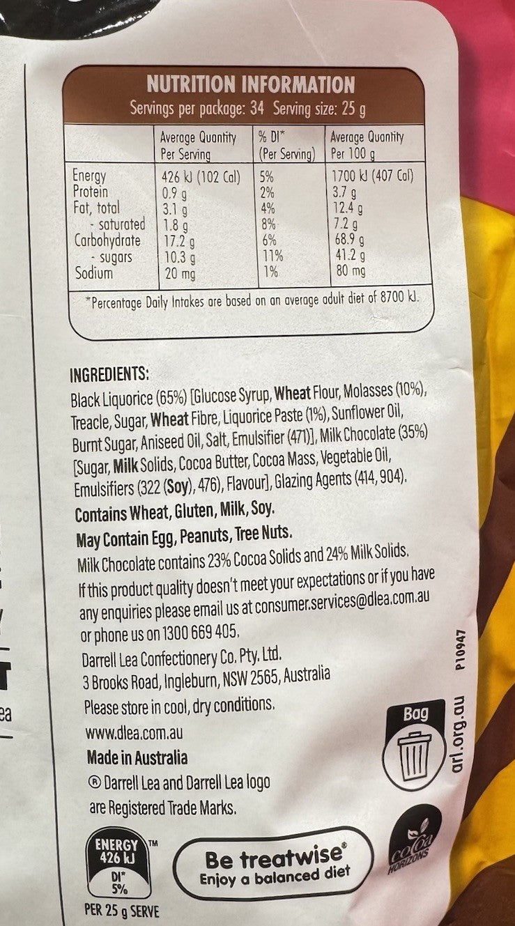 Darrell Lea Milk Chocolate Liquorice Bullets 850g Aussie Lollies Sweets Snack