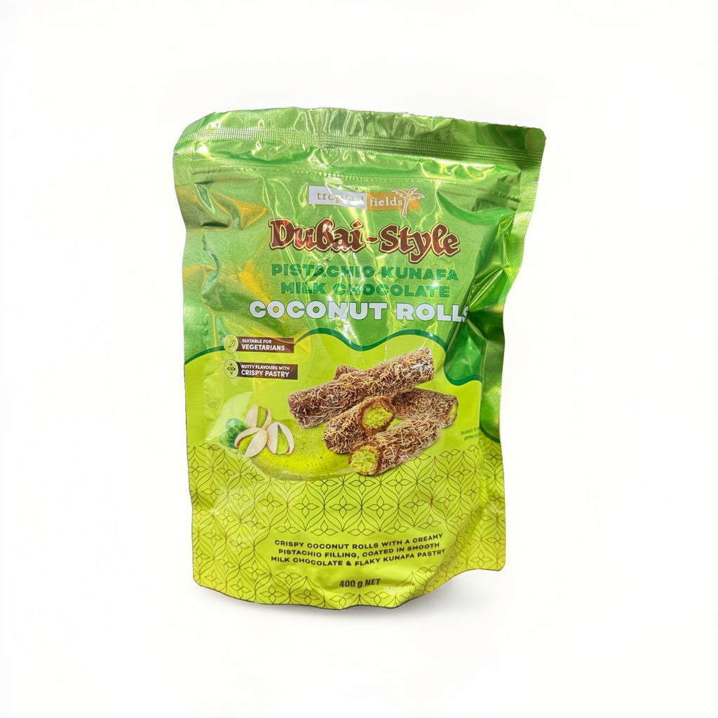 Tropical Fields Dubai-Style Pistachio Kunafa Milk Chocolate Coconut Rolls 400g