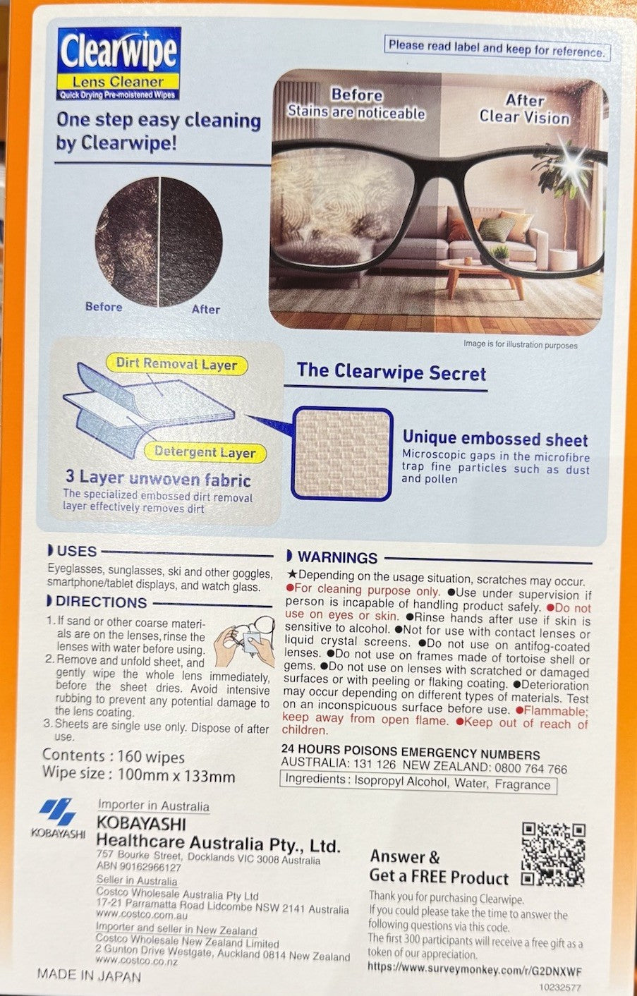 Clearwipe Lens Cleaner Quick Drying And Streaking Fee No Scratching 160 Count
