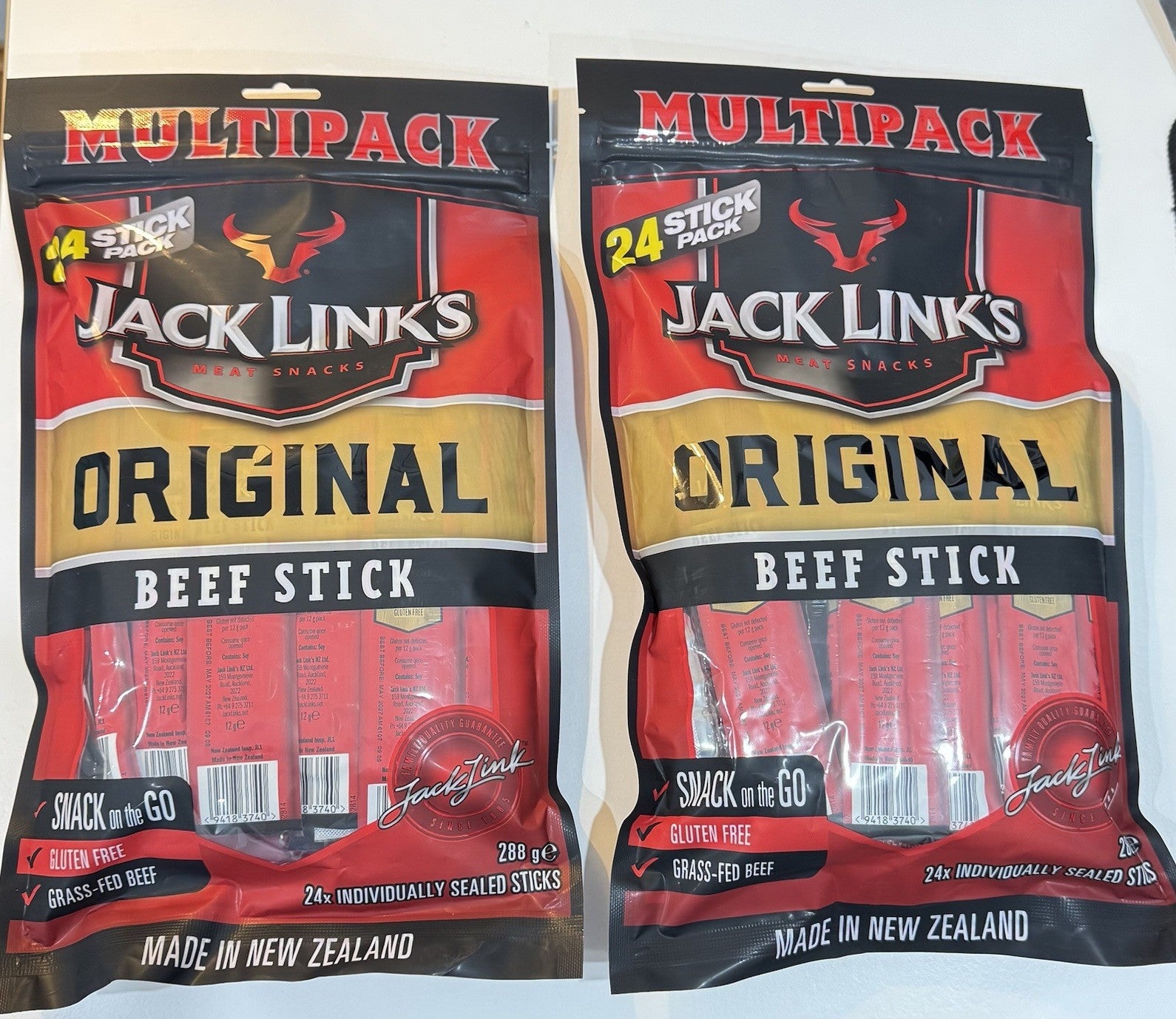 2 x Jack Link's Original Beef Jerky Stick 24x12g Protein Smoked Meat Snack 288g