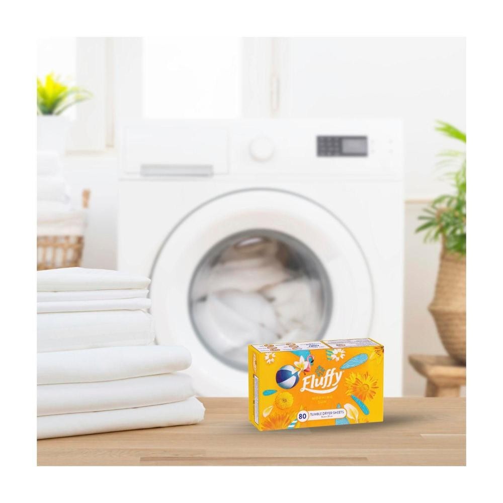 Fluffy Laundry Dryer Sheets 80pk Morning Sun Fragrance Softens Reduces Static