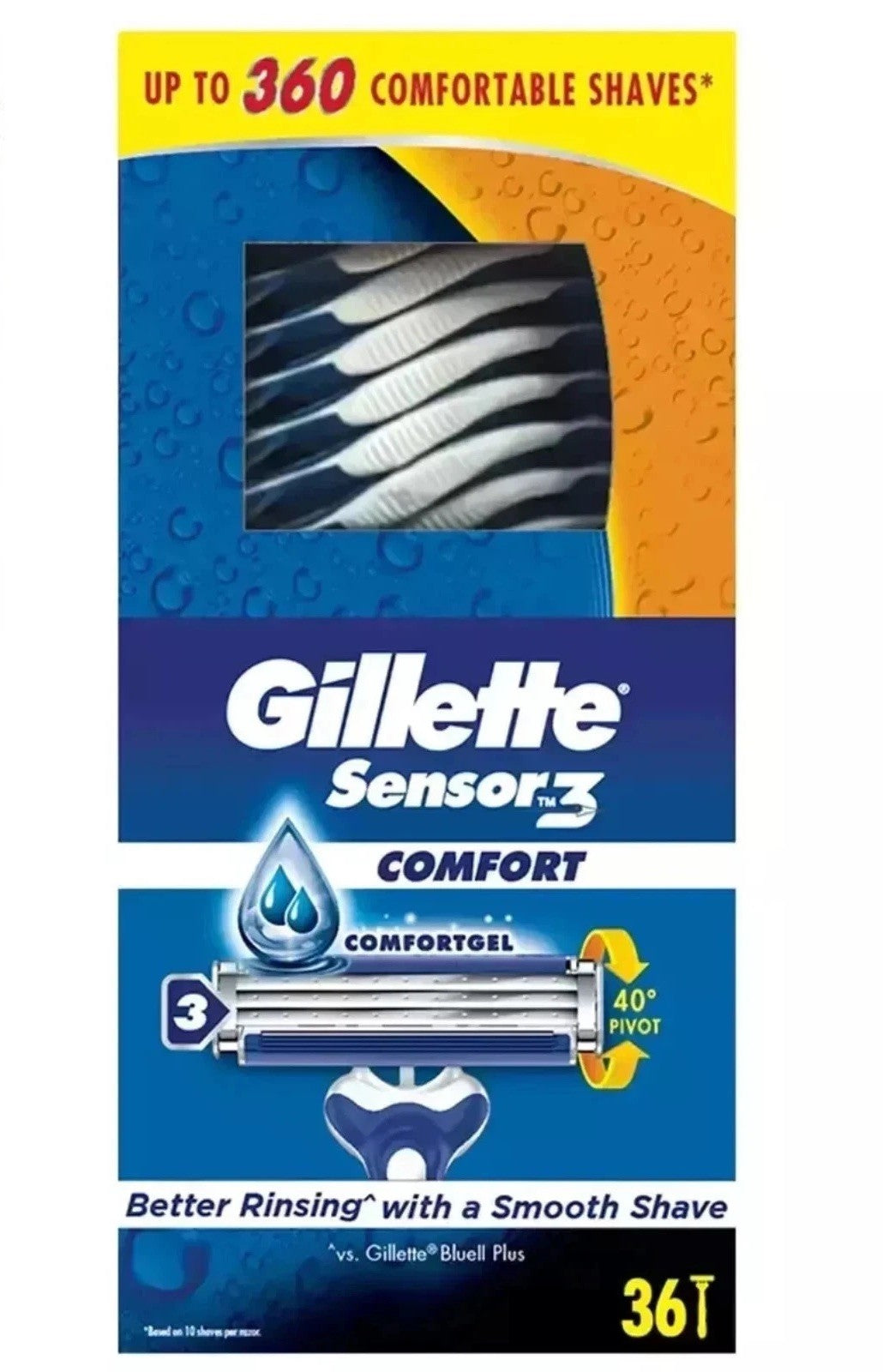 Gillette Sensor3 Disposable Pivoting Head Anti-slip Rubber Handle Mel 36 Pack