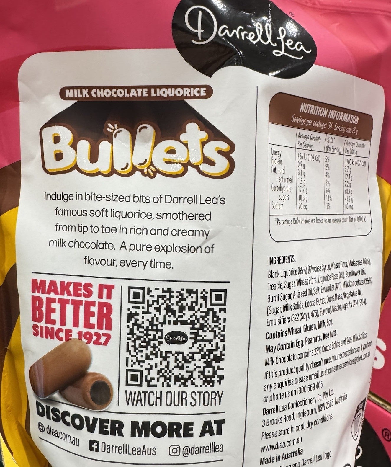 Darrell Lea Milk Chocolate Liquorice Bullets 850g Aussie Lollies Sweets Snack