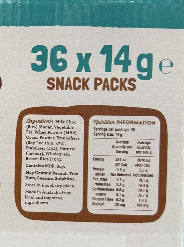 Table of Plenty Mini Rice Cakes Milk Chocolate Topped 36 X 14g Snack Packs