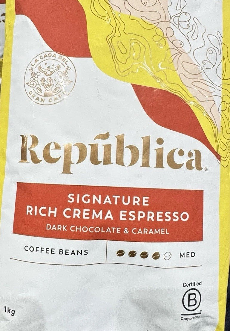 Republica Signature Organic Crema Espresso 1KG, Chocolate & Caramel Coffee Beans