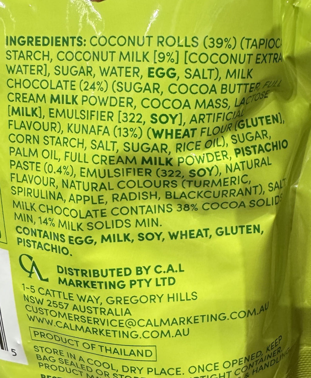 Tropical Fields Dubai-Style Pistachio Kunafa Milk Chocolate Coconut Rolls 400g