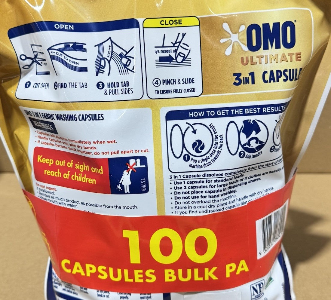OMO Ultimate 3 in 1 Laundry Capsules 100 Count (2 x 50 Capsules) Cleaning Power
