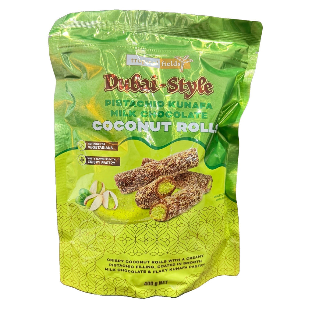 Tropical Fields Dubai-Style Pistachio Kunafa Milk Chocolate Coconut Rolls 400g