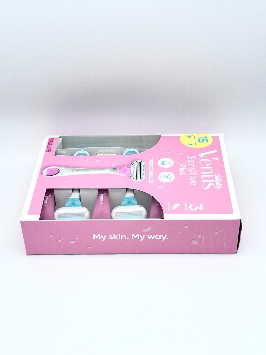 Gillette Venus Sensitive Plus Disposable Razor, 15 Count, 3 Blades Skin Elixir