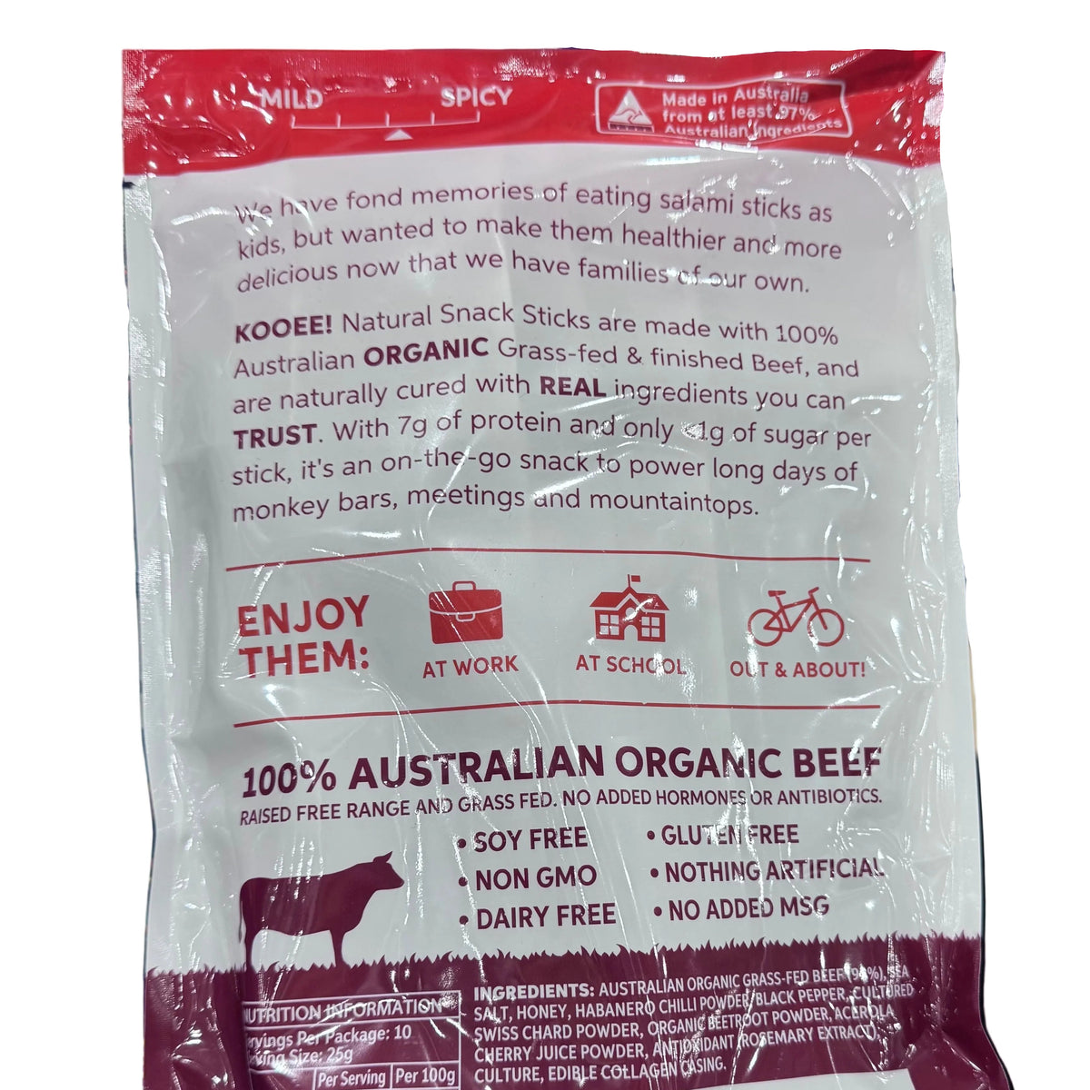 KOOEE! Organic Beef Snack Sticks - Spicy (250g - 10 Pack)