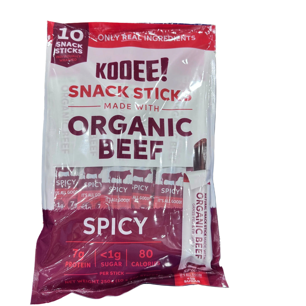 KOOEE! Organic Beef Snack Sticks - Spicy (250g - 10 Pack)