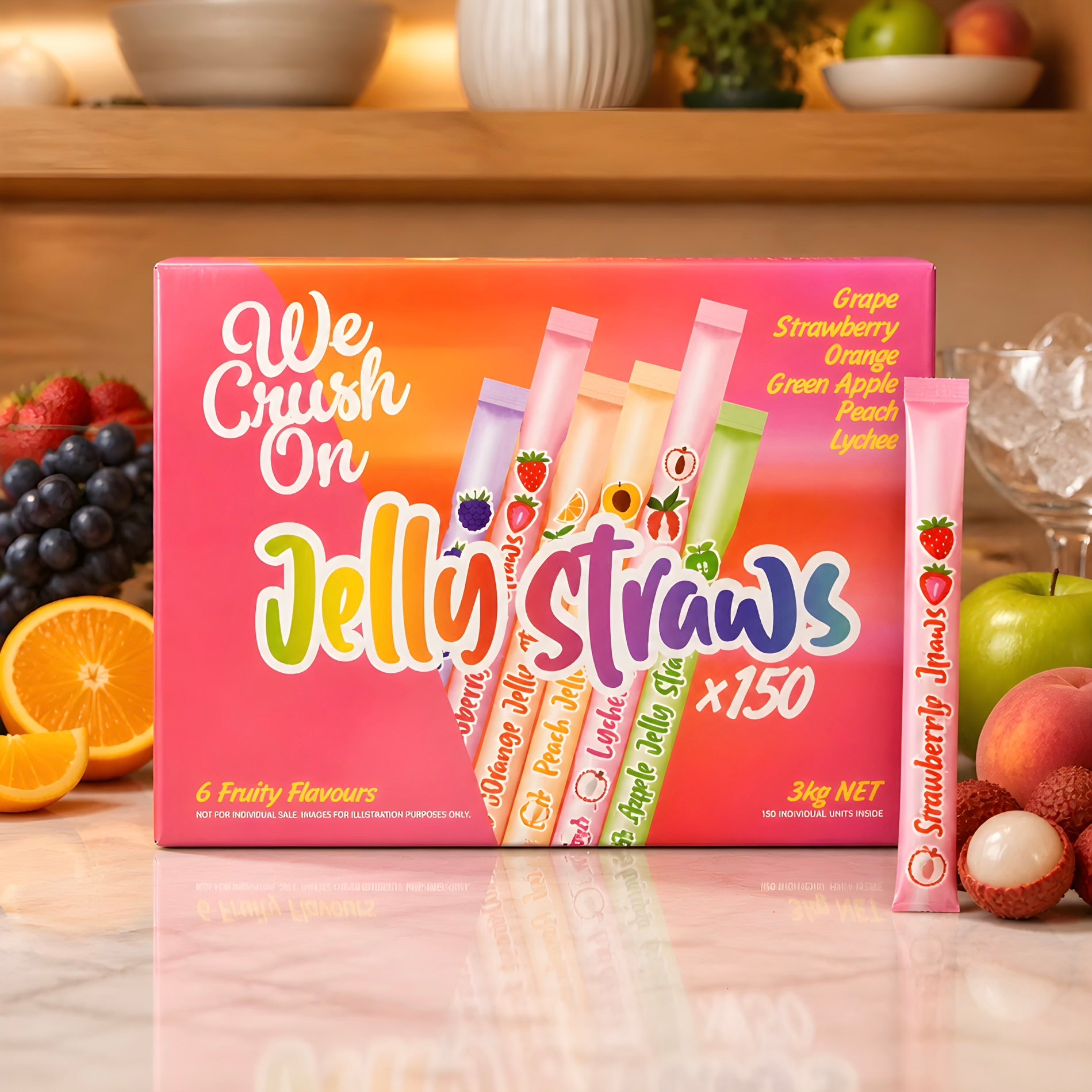 We Crush On 6 Fruit Jelly Straws Sticks 3kg, 150-Pack, Fun & Fruity Chewy Treats