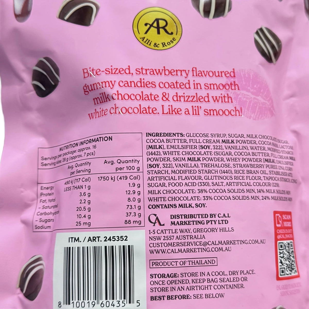 Alli & Rose Strawberry Flavoured Smoochies Milk Chocolate Gummy Candy 450g
