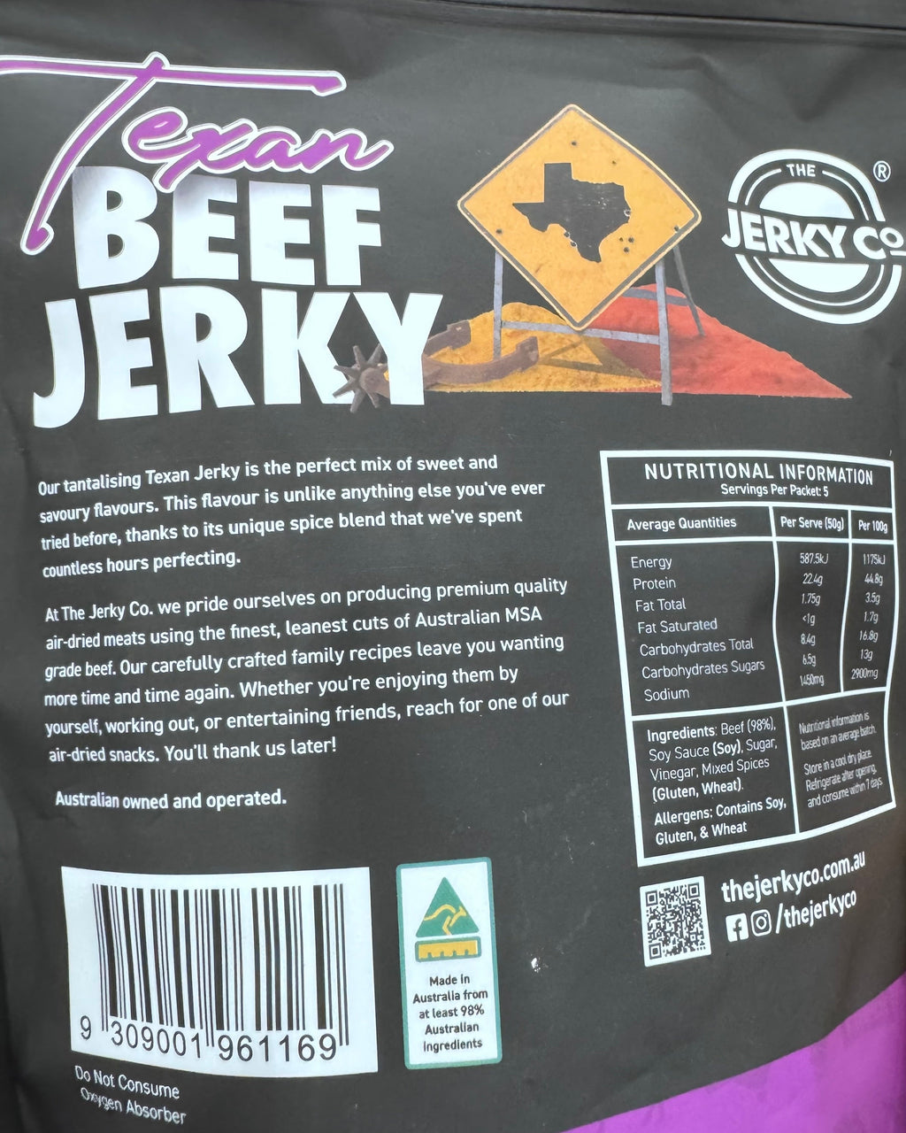 The Jerky Co Texan Beef Jerky 250g - Premium Australian MSA Beef