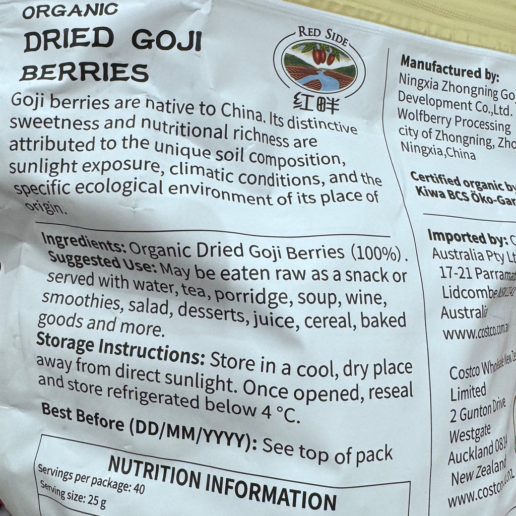 Red Side Organic Dried Goji Berries 1kg - No Artificial Colour / Flavour