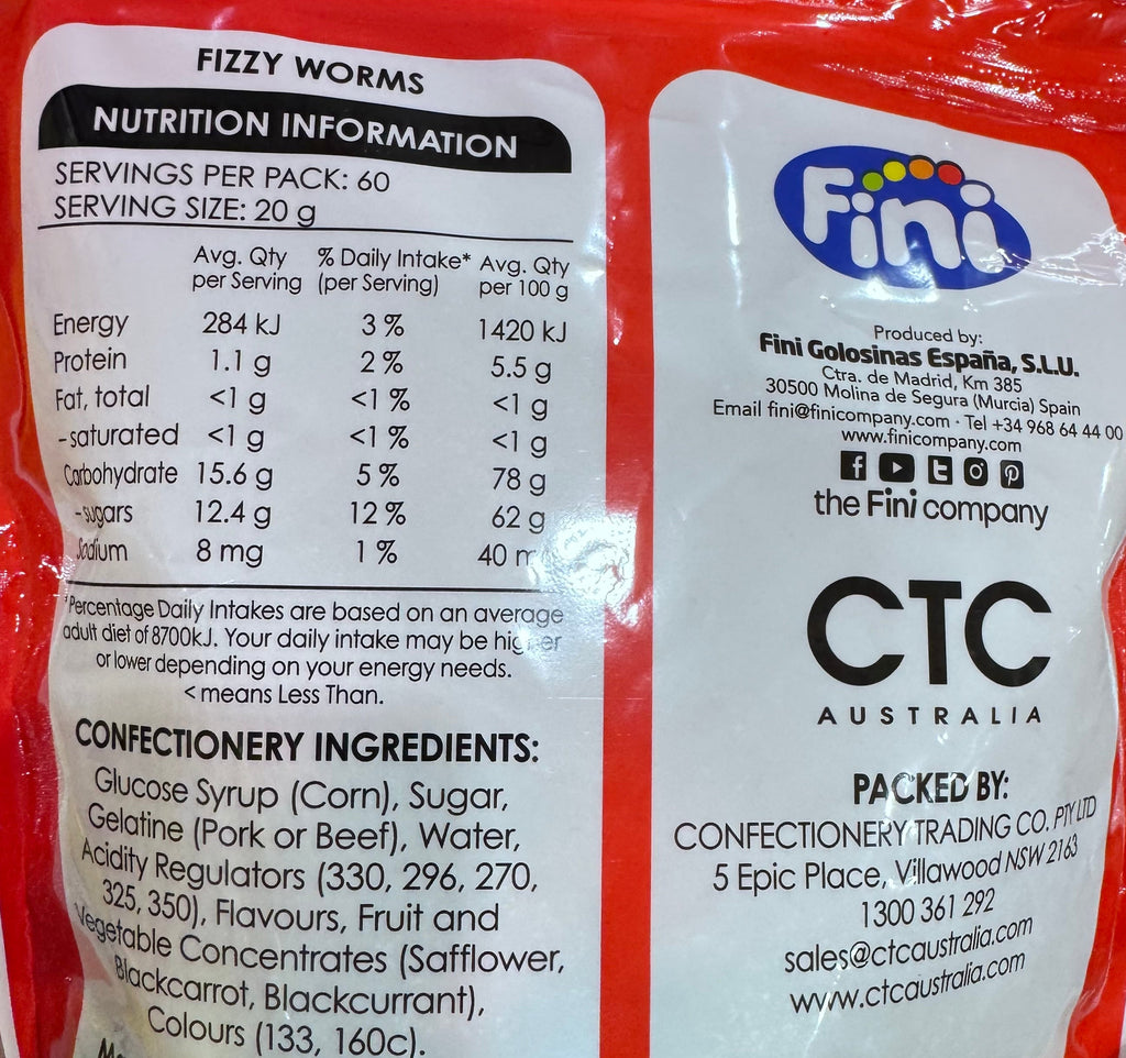 Fini Fizzy Worms Sour Gummy Candy 1.2kg Bulk Bag