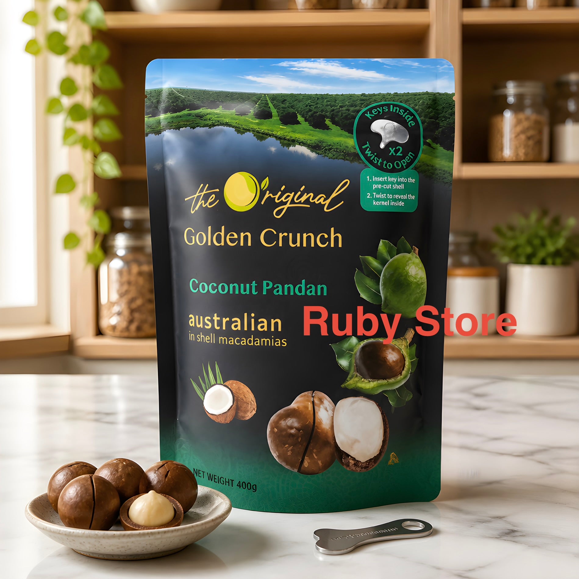 The Original Golden Crunch Coconut Pandan Inshell Macadamias 400G, 100% AU Grown
